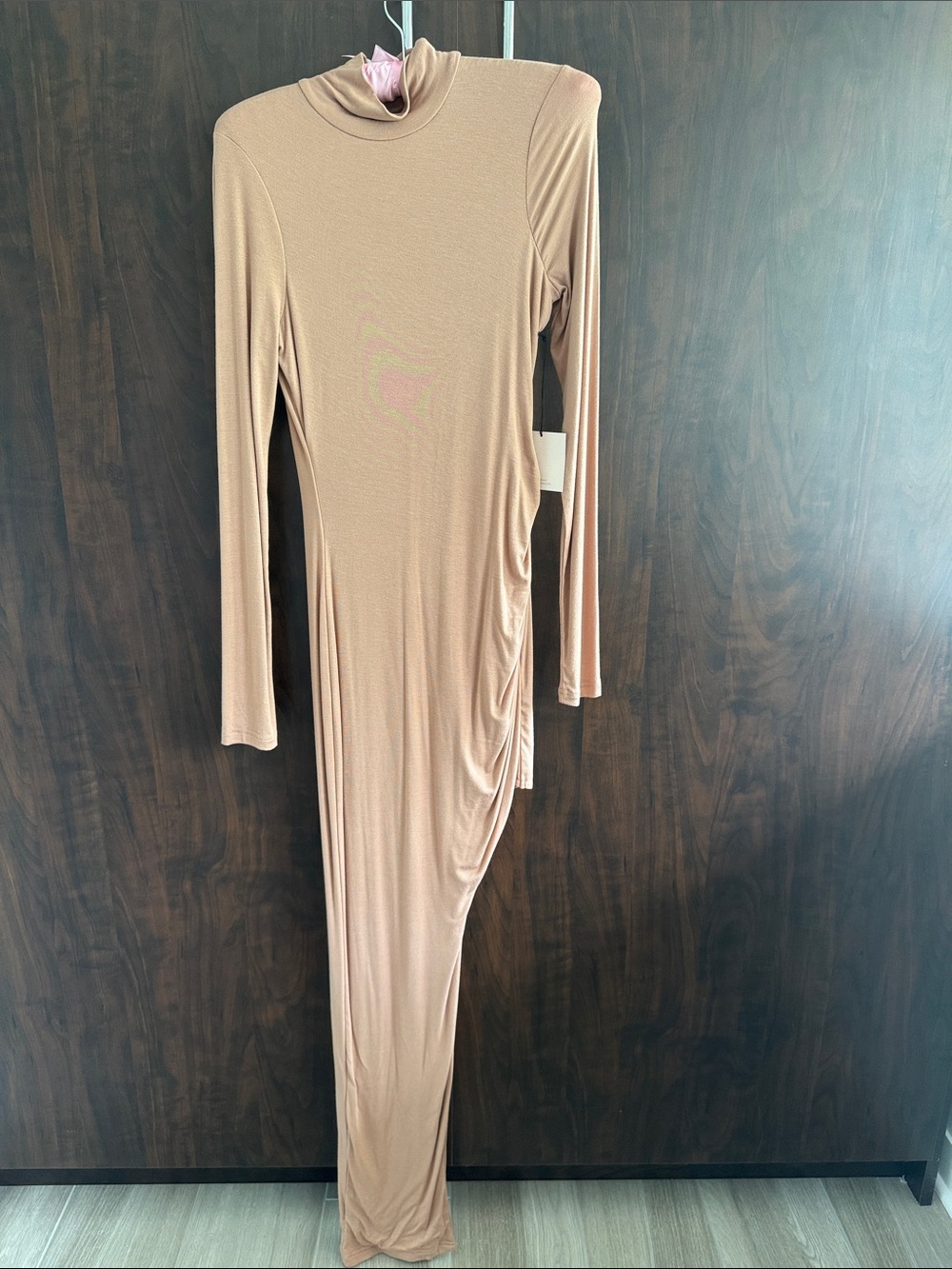 Long Sleeve Mock Neck Maxi bodycon dress in Beige